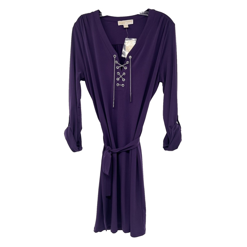 MICHAEL KORS Womens Sz L Purple Chain Detail Roll-Tab Sleeve Waist-Tie Dress NWT